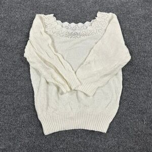 Adele Knitwear Sweater Womens Size M Cream Crochet Lace Neck USA Vintage Knit